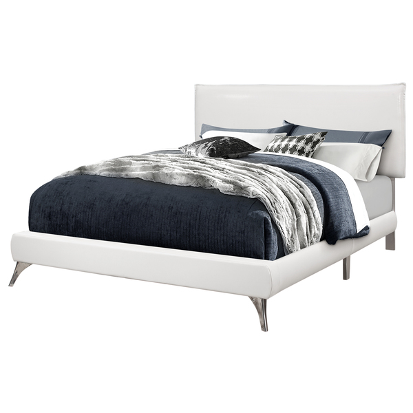 Monarch Specialties Bed, Queen Size, Platform, Bedroom, Frame, Upholstered, Pu Leather Look, Metal Legs, White, Chrome I 5953Q